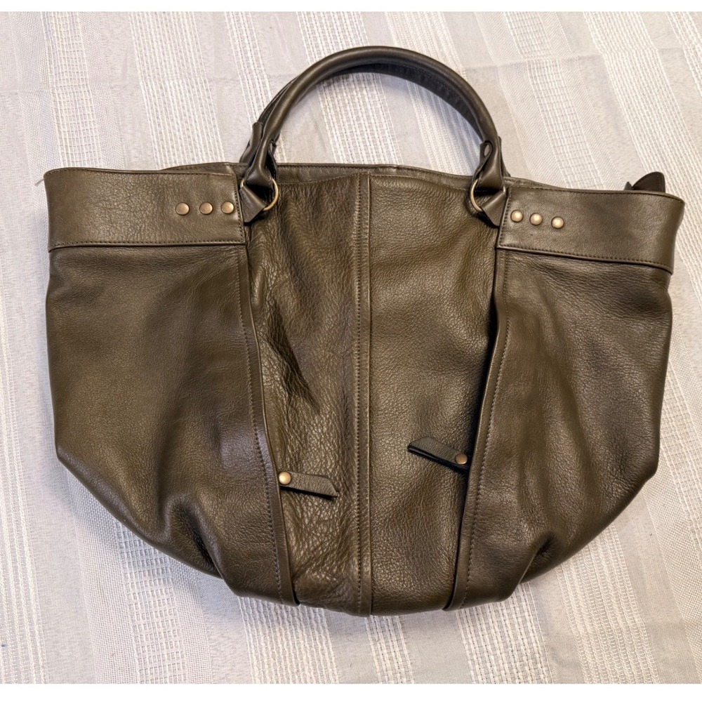 Eileen Fisher Olive Green Leather Tote Bag Hobo Handbag Brass Hardware - Picture 2 of 11